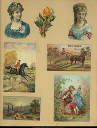 Advertising Card Scrapbook Page 9 with Women, Horses, and Country Scenes