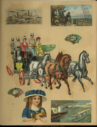 Advertising Card Scrapbook Page 65 with Horse-Drawn Carriage and Ships