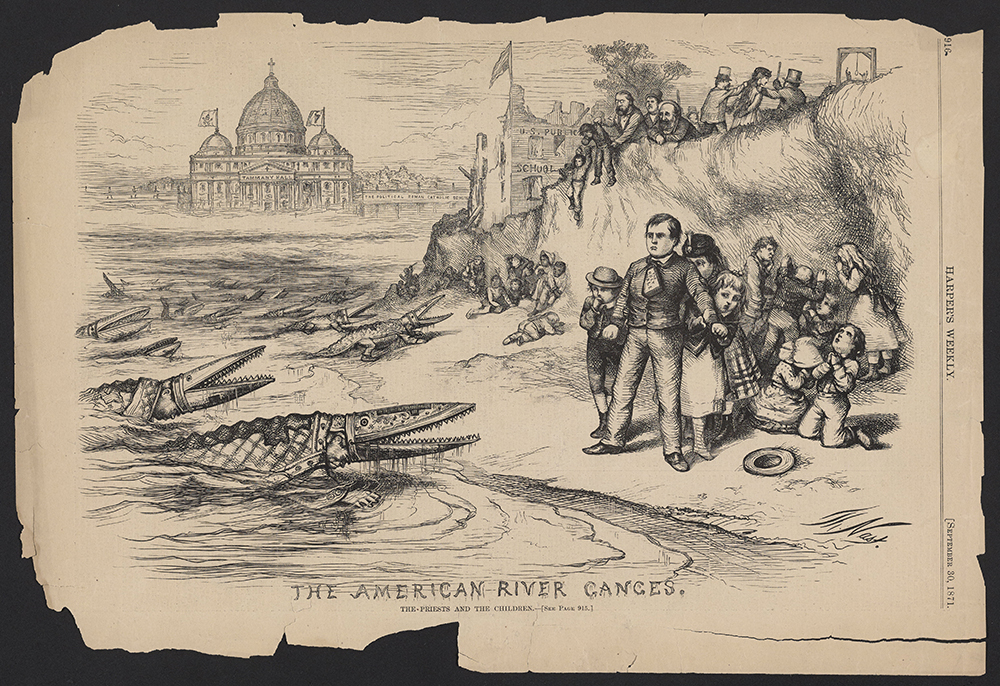 An 1871 Harper’s Weekly cartoon depicting Catholic clergy as crocodiles assaulting American families and public schools.