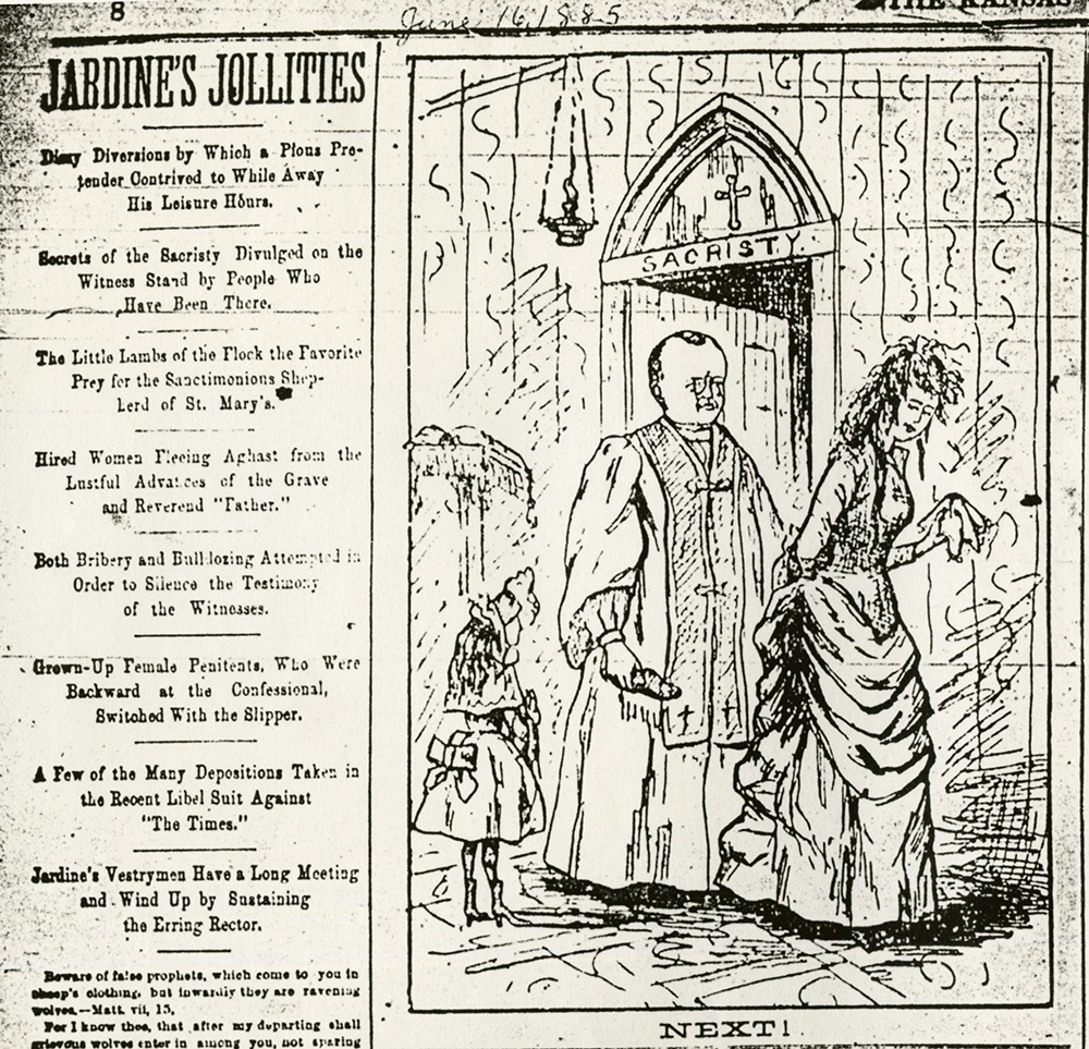 A June 16, 1885, cartoon that accompanied an article accusing Jardine of inappropriate acts with female parishioners