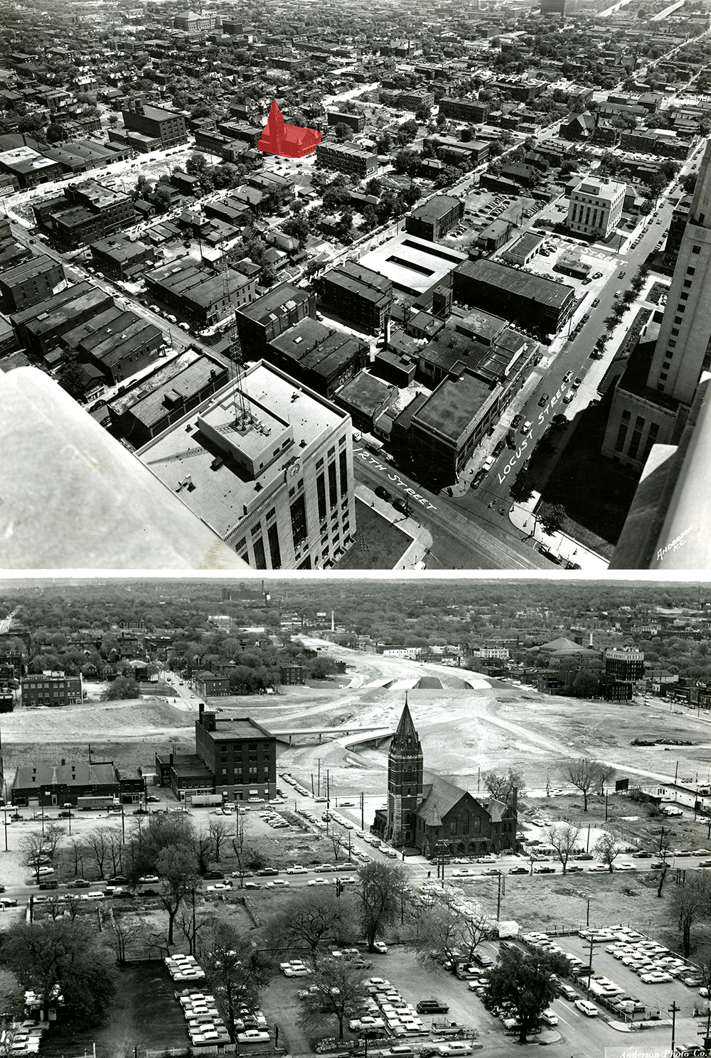 A 1940s view of St. Mary’s Church (in red) and surrounding the area from City Hall.