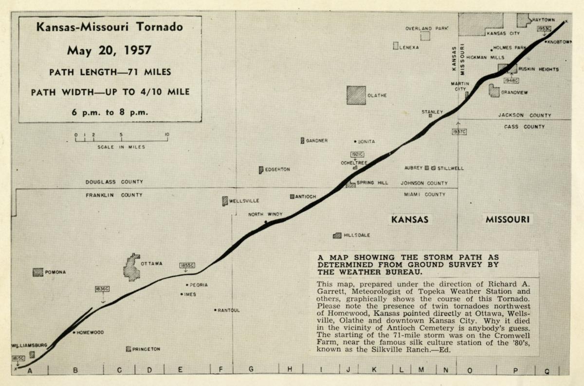 Map showing the tornado's path, 1957