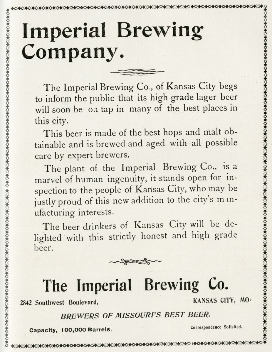 Imperial Brewing Company Advertisement, Kansas City Manufacturer, May 1902