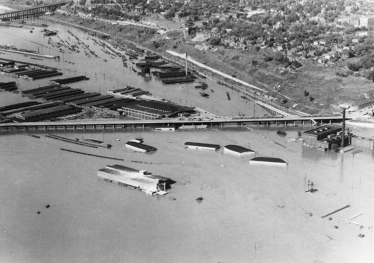 Looking northeast over the West Bottoms. The roof of the American Royal and the 23rd Street Viaduct are visible.