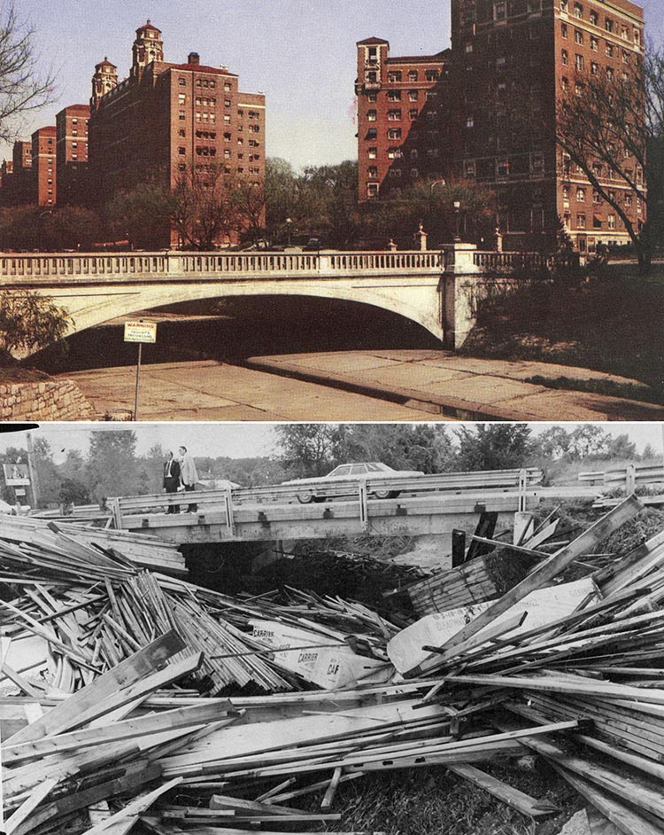 The danger of a low bridge during a flood.