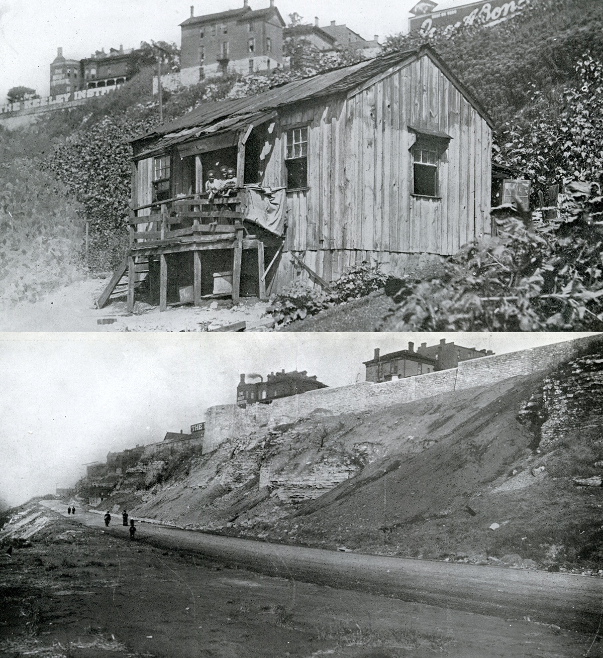 These before-and-after images of Kersey Coates Terrace, published in the 1905 Report of the Board of Park Commissioners, illustrates the impact of early redevelopment on lower-income homeowners in Kansas City. A young Black family once lived in the area where the terrace was installed. Entire communities in the area that became Penn Valley Park were displaced to create green space.