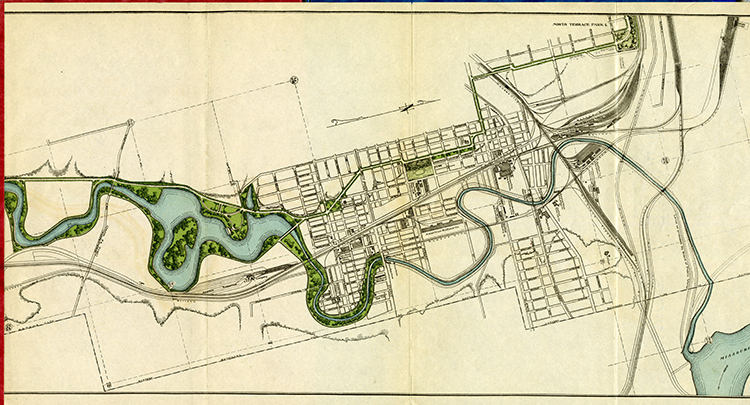 Map of the northern section of the proposed Blue Valley Parkway from roughly East 35th Street to Gladstone Boulevard at Indian Mound, 1912.