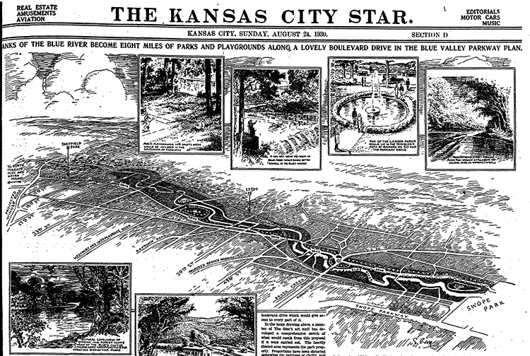 Article and illustrations highlighting attractions of the proposed Blue Valley Parkway project. KANSAS CITY STAR