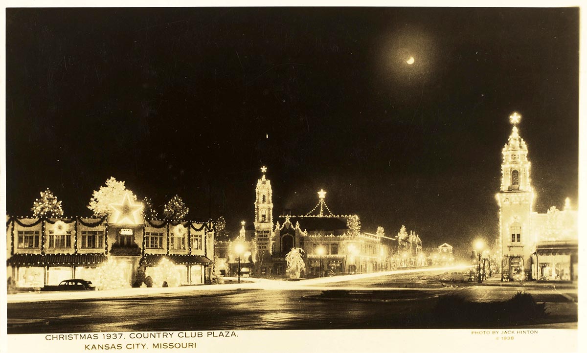 Postcard of the Country Club Plaza lights at Christmas in 1937.