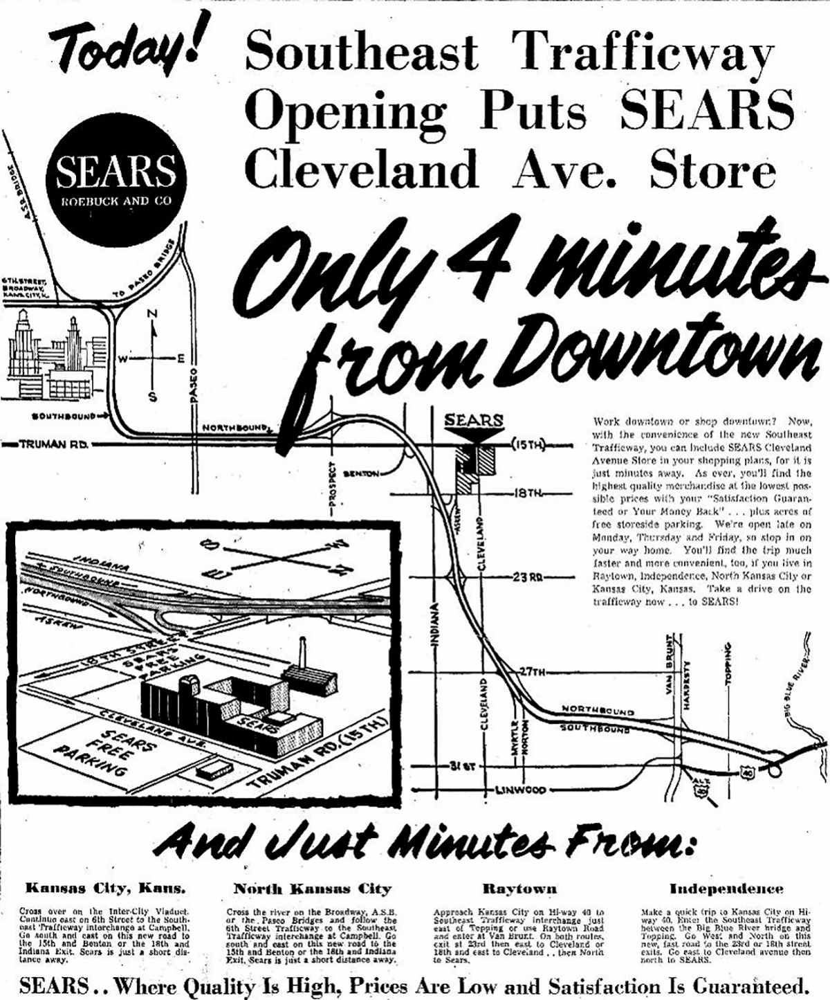 1962 advertisement promoting the use of new expressways to bypass downtown.