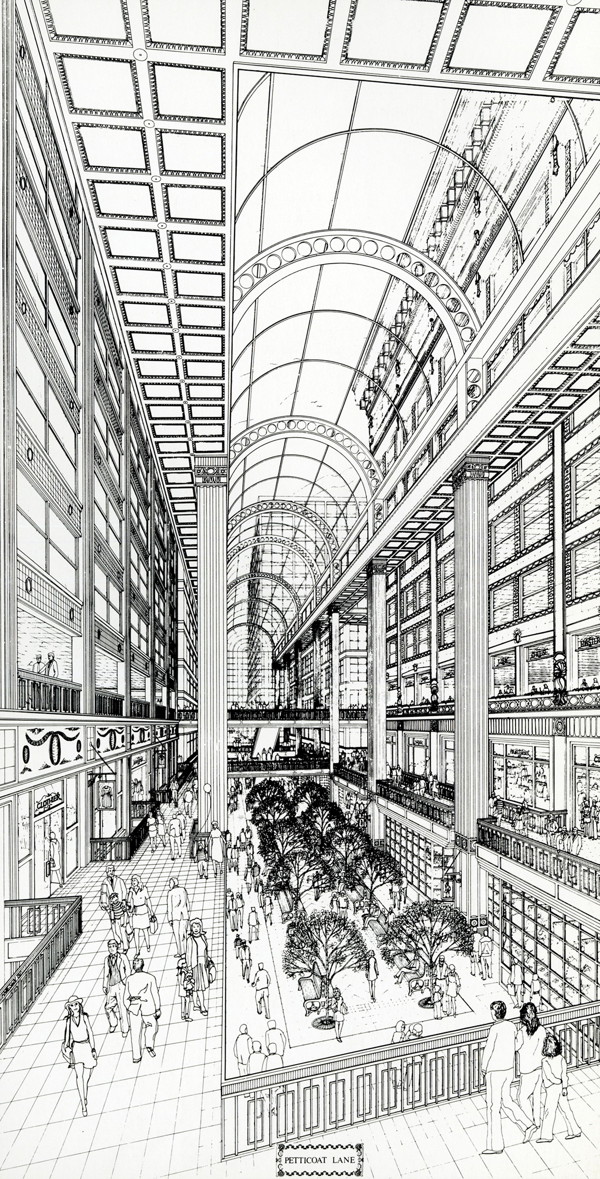 1983 Proposed redesign of Petticoat Lane, adding elevated walkways, escalators, and a glass ceiling to mimic the shopping mall experience