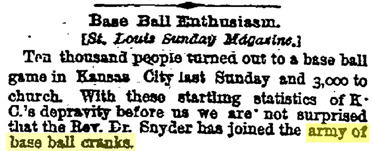 St. Louis Sunday Magazine article, republished in the April 21, 1885, edition of The Kansas City Times, commenting on a Sunday game played in Kansas City.