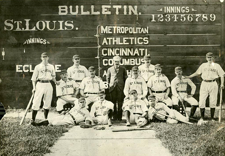 The 1883 St. Louis Browns managed by Ted Sullivan. Future Hall of Famer Charles Comiskey is standing far left; team owner Von der Ahe is in the center.