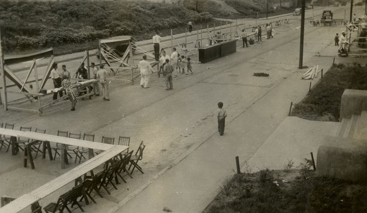 Preparations for a celebration in front of the Guadalupe Center, June 18, 1939