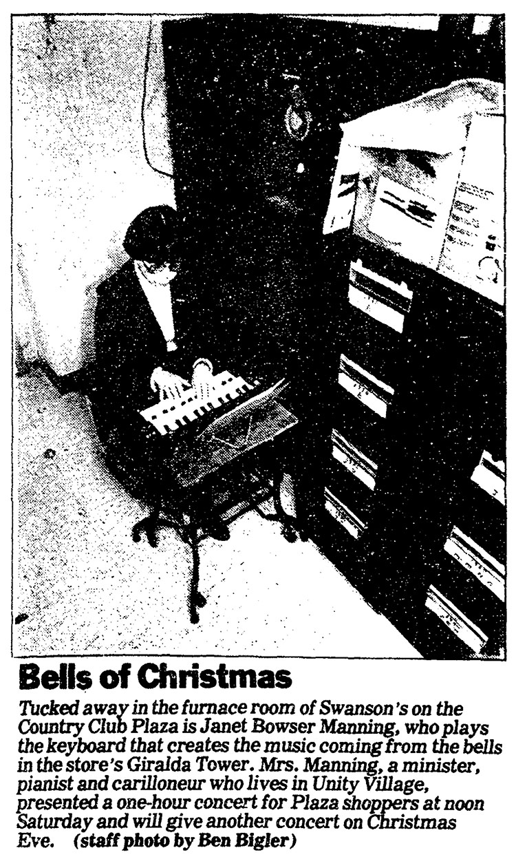 Carillonneur Janet Bowser Manning playing the Plaza’s Giralda Tower bells. December 20, 1981. THE KANSAS CITY STAR