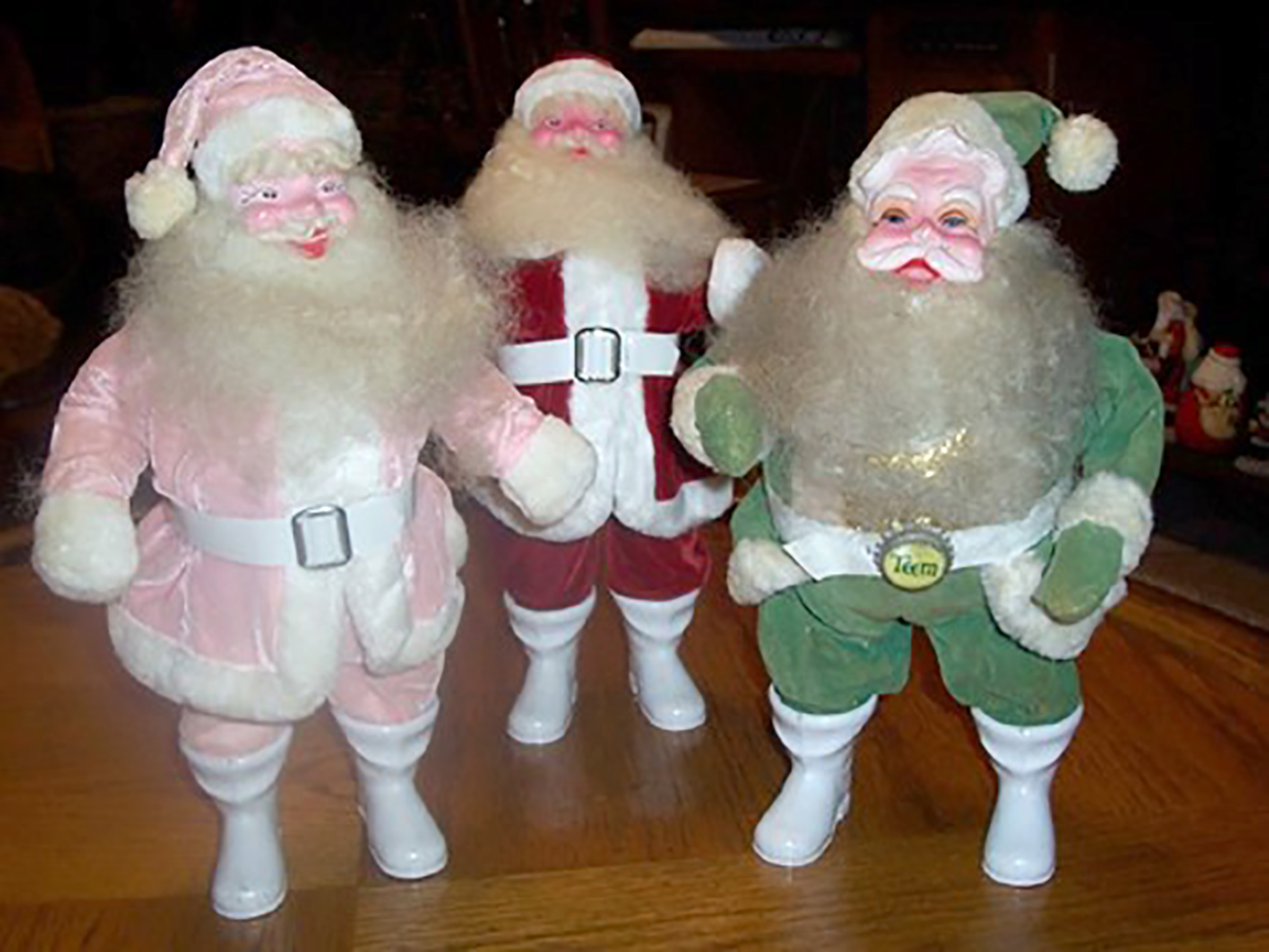 Harold Gale Santas, ca. 1960s. The promotional figure on the right was for Teem lemon-lime soda, which was introduced by the Pepsi- Cola Company in 1960.