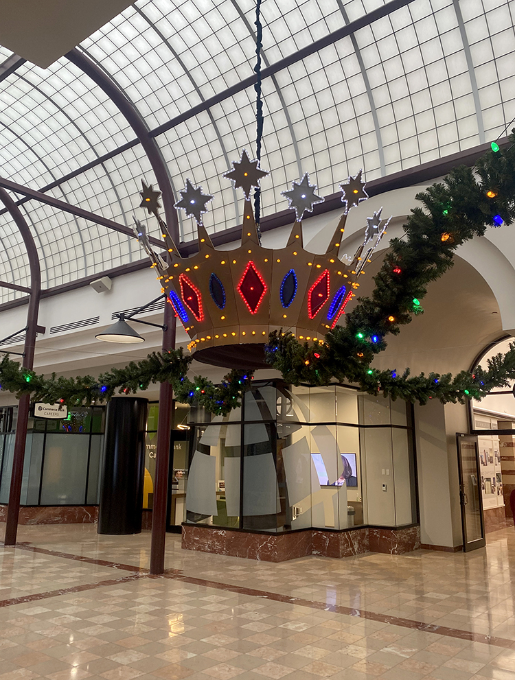 The recreated crown hanging inside the Commerce Bank building.