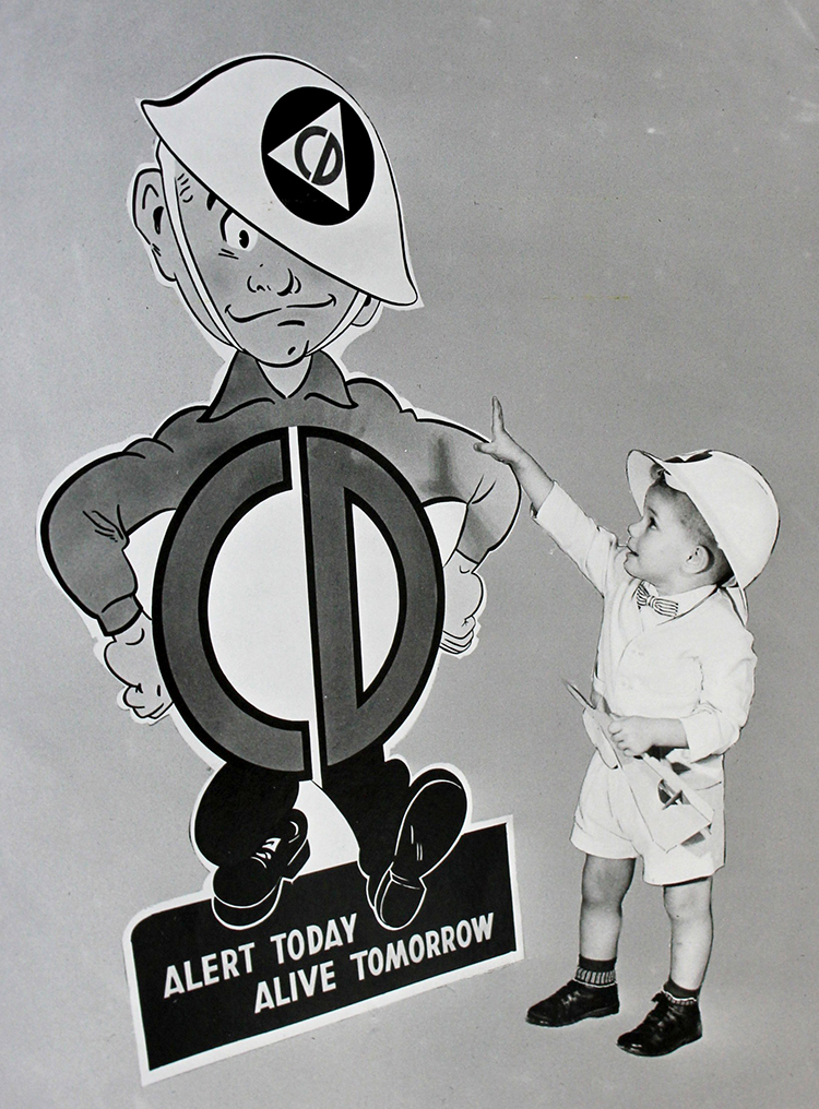 Federal Civil Defense Administration mascot, Mr. Civil Defense. NATIONAL ARCHIVES