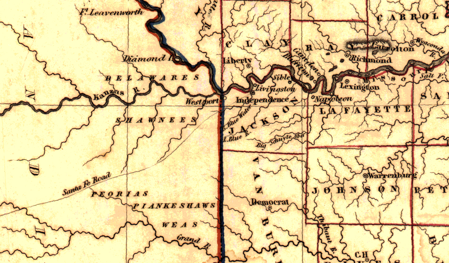 1838 Missouri map showing Westport and Independence.