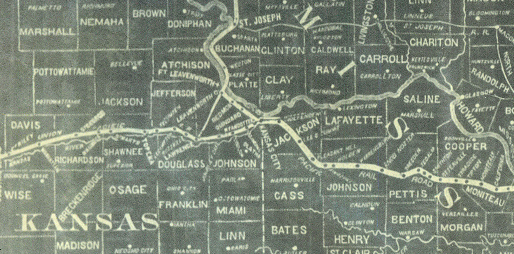 1868 map of the Union Pacific Railroad line through Kansas City.