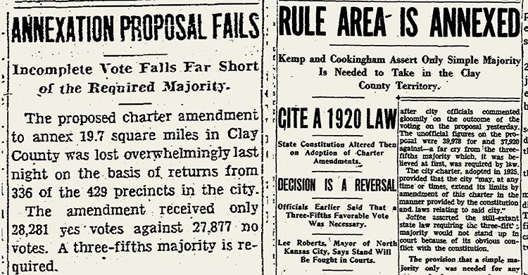 Kansas City Times headline announcing the ordinance’s failure (left), and the Kansas City Star headline printed later that date announcing its success (right). KANSAS CITY STAR