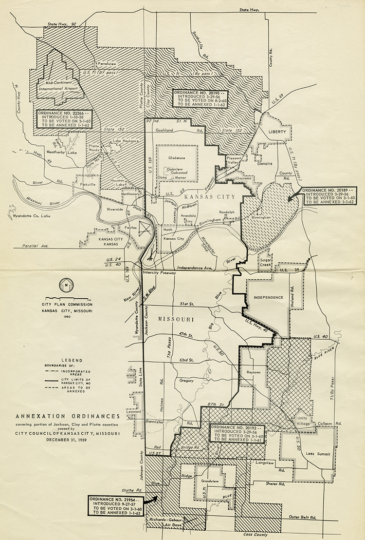 Map detailing Kansas City’s annexations in Clay and Jackson counties through the early 1960s.