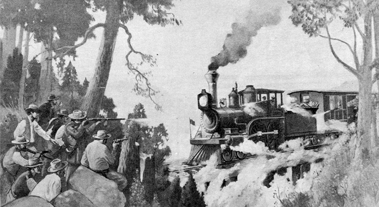 A group of guerilla raiders attack a Pacific Railroad train in a painting by Frank Nuderscher. KANSAS CITY PUBLIC LIBRARY