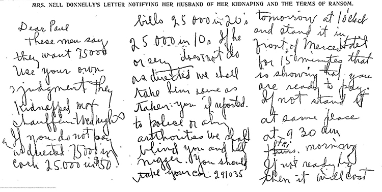 Portion of the ransom letter written by Nell Donnelly, December 18, 1931. THE KANSAS CITY TIMES