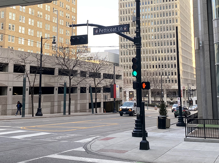 The Petticoat Lane sign at 11th and Main.