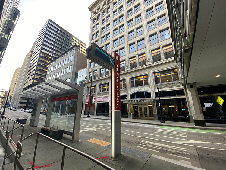 The RideKC bus stop on Petticoat Lane across from the old Harzfeld’s building.