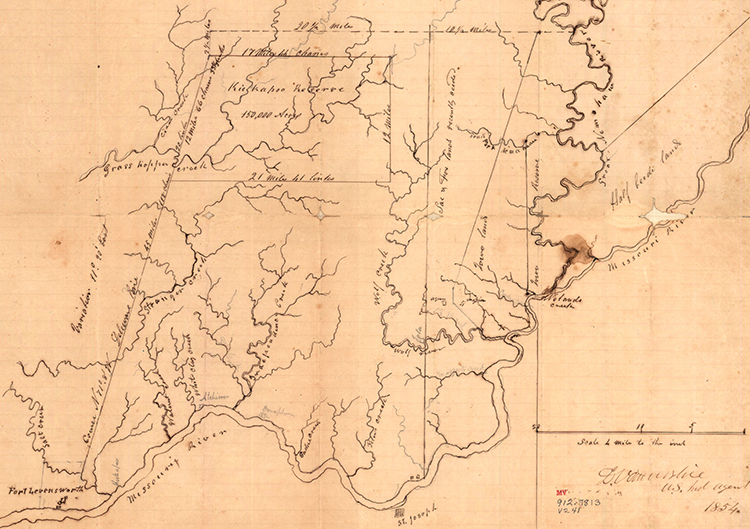 Map of Kansas Territory, including Indian lands, in present-day Doniphan, Atchison, and Leavenworth counties. Drawn by Maj. Daniel Vanderslice, 1854. KANSAS CITY PUBLIC LIBRARY