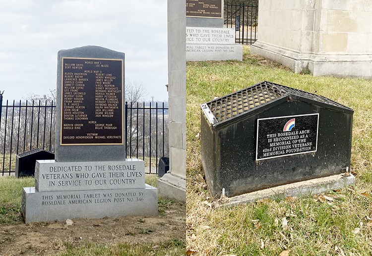 The memorial plaques located beneath the arch dedicated to Rosedale’s war veterans and to those who served with the Rainbow Division.