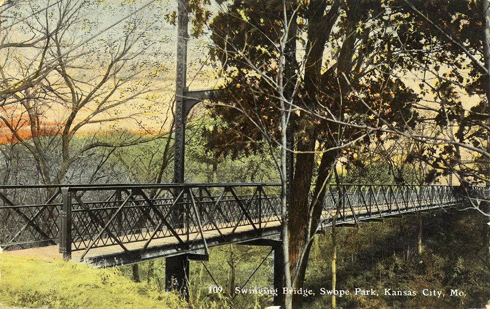 Postcard showing the Swope Park Swinging Bridge