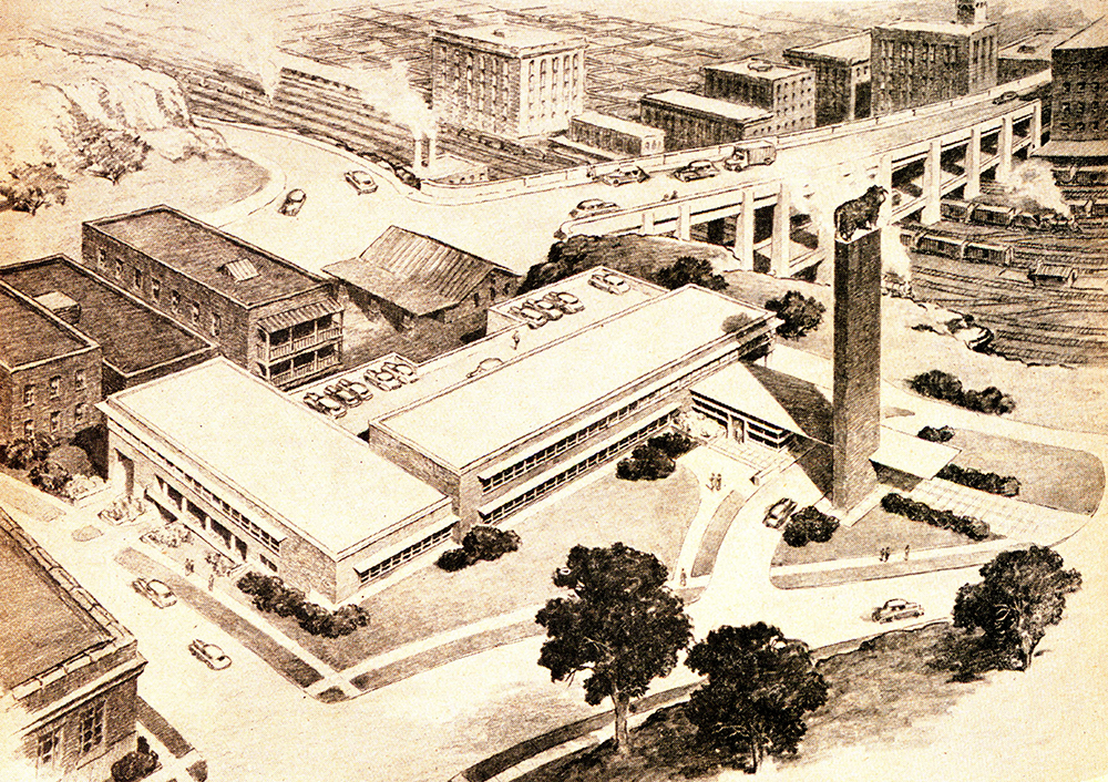 Radotinsky’s drawing of the new AHA headquarters with the bull facing west, 1951. American Hereford Association Journal