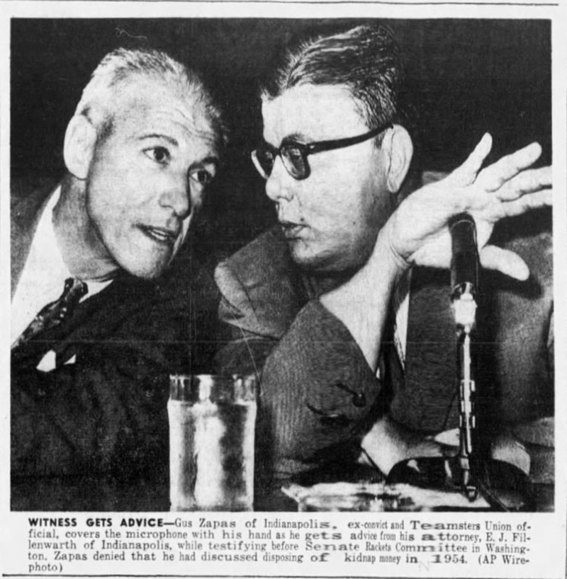 Teamsters official Gus Zapas (right) and his attorney. Daily American Republic, August 16, 1958.