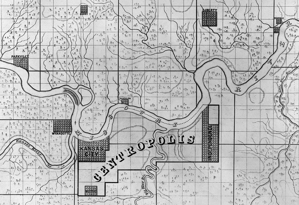 Map showing that any bridge site northwest of Kansas City would require an additional bridge over the Kansas River, 1860.