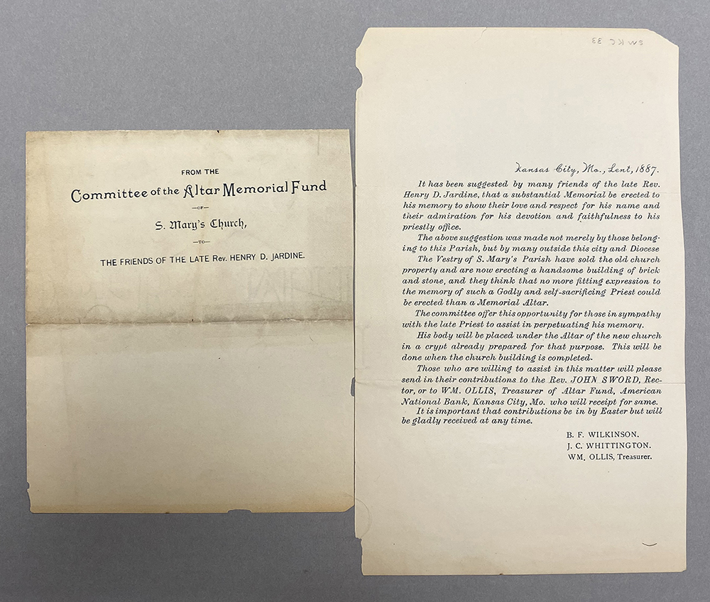 An 1887 letter announcing the creation of a memorial fund with the goal of laying Jardine’s remains to rest beneath the altar of the new St. Mary’s Church building at 13th and Holmes