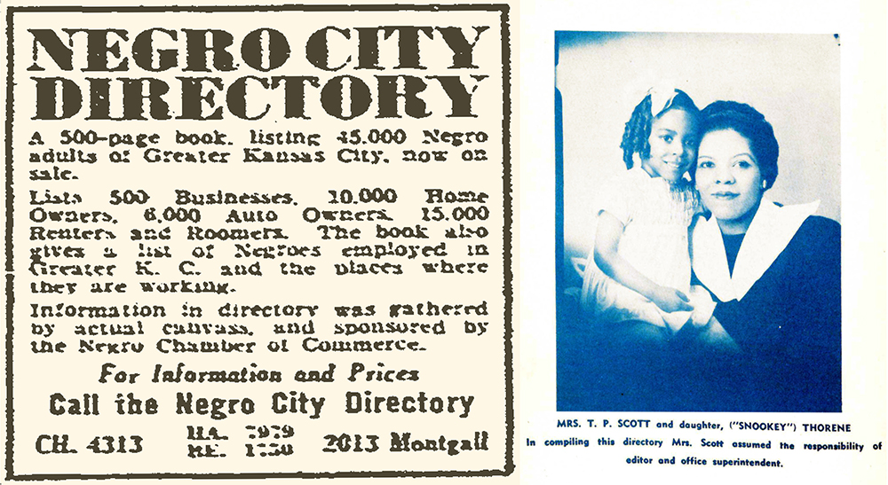 Advertisement for the Kansas City Negro City Directory in the May 18, 1942, edition of the Kansas City Star, and portrait of Irene Scott and her daughter printed in the directory