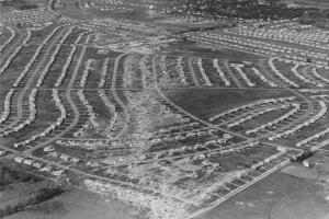 Aerial View of the tornado's path through Ruskin Heights, 1957