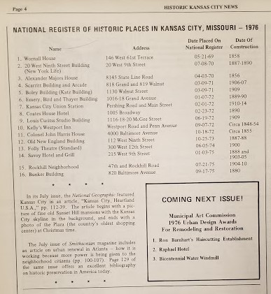 Listing in The Historic Kansas City News of local sites in the National Register