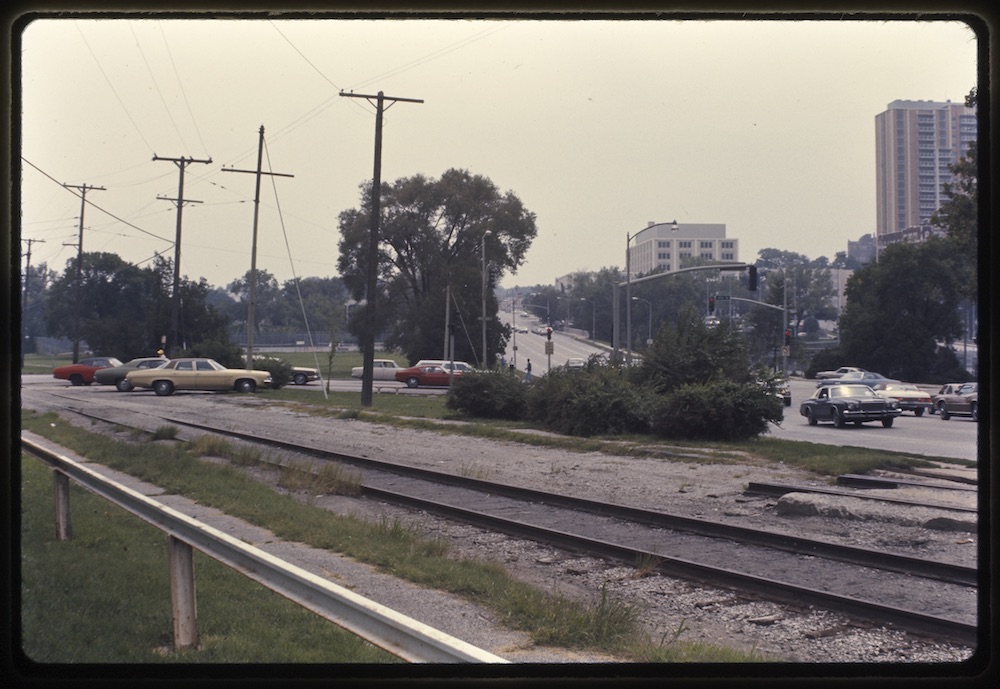 Streetcar tracks at 47th & Main, circa 1980.