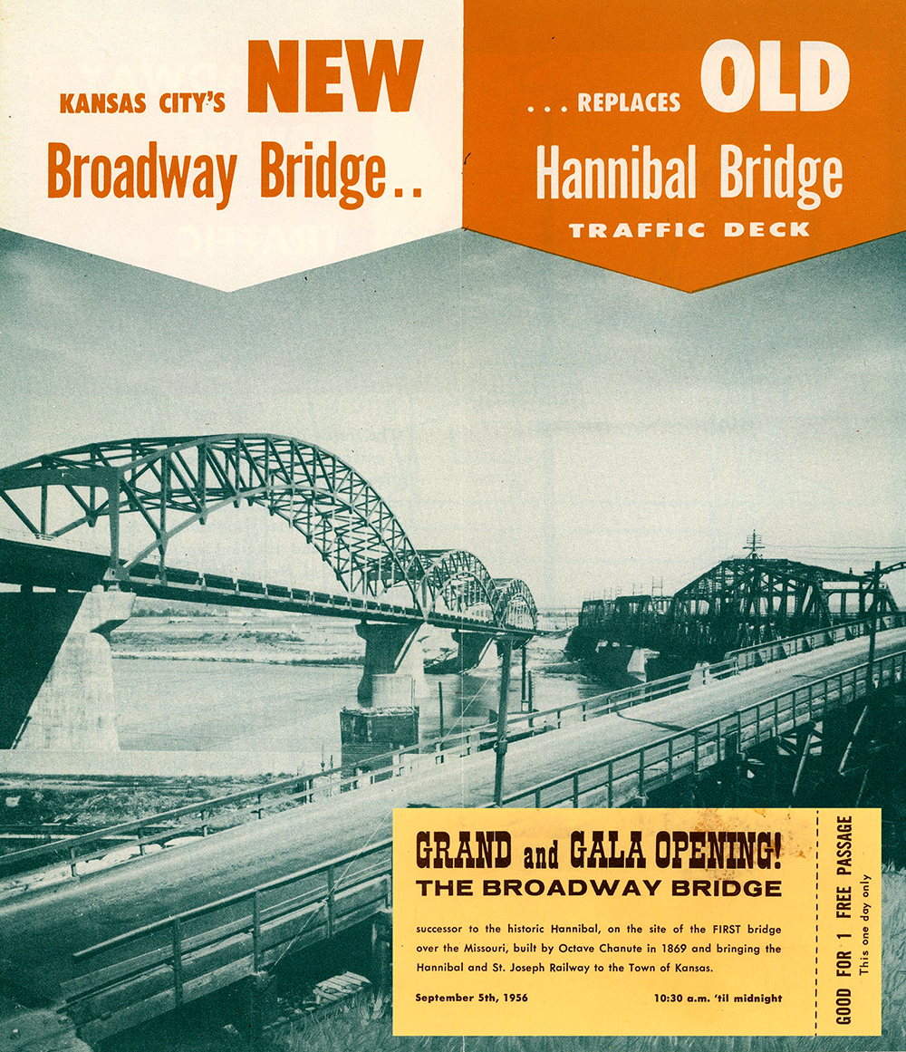 Promotional pamphlet for the Broadway Bridge with a complimentary passage ticket good for its first day of operation.