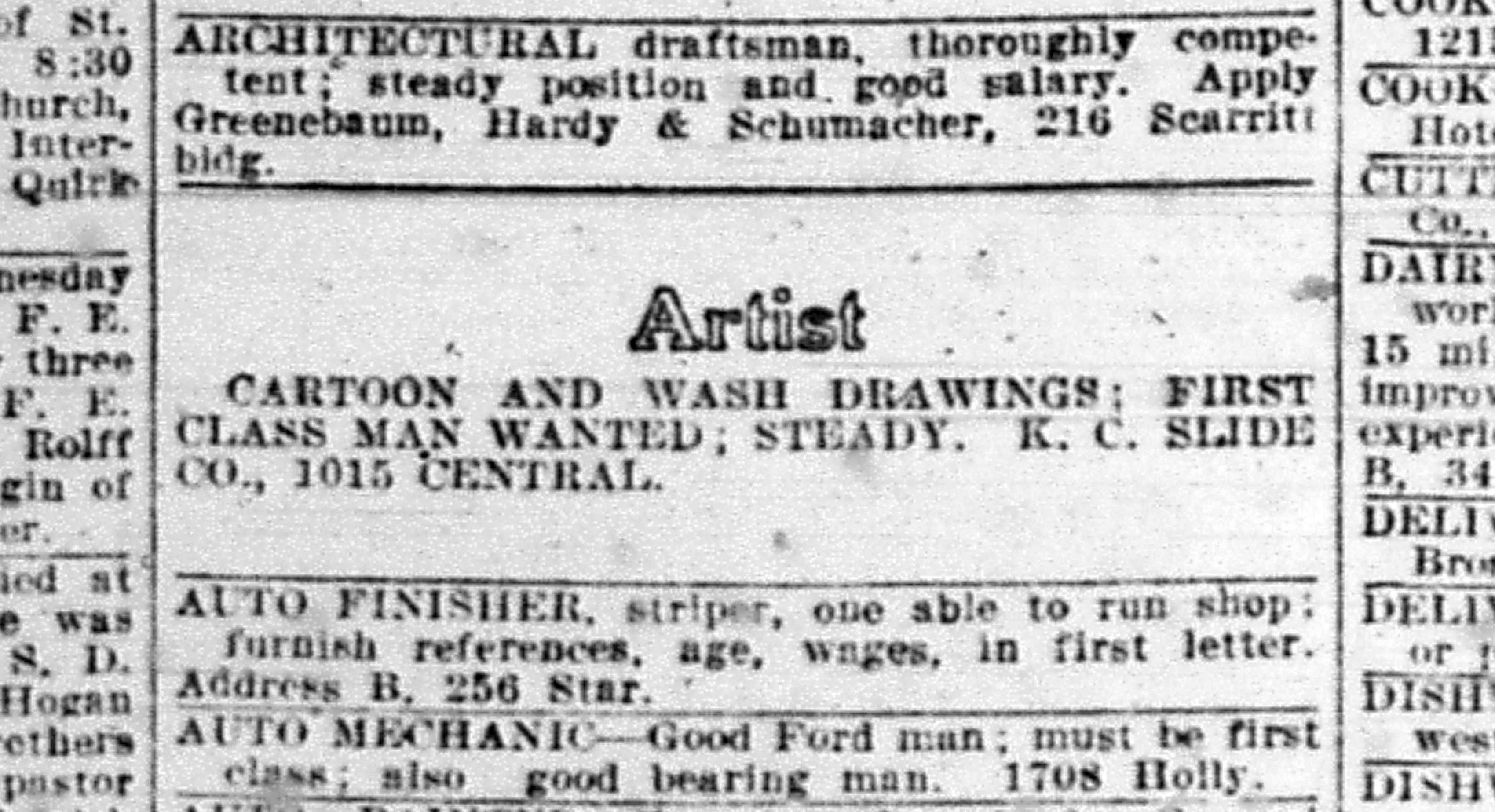 After responding to this Jan. 29, 1920, advertisement, Walt Disney was given his first paying job as an artist. The Kansas City Times