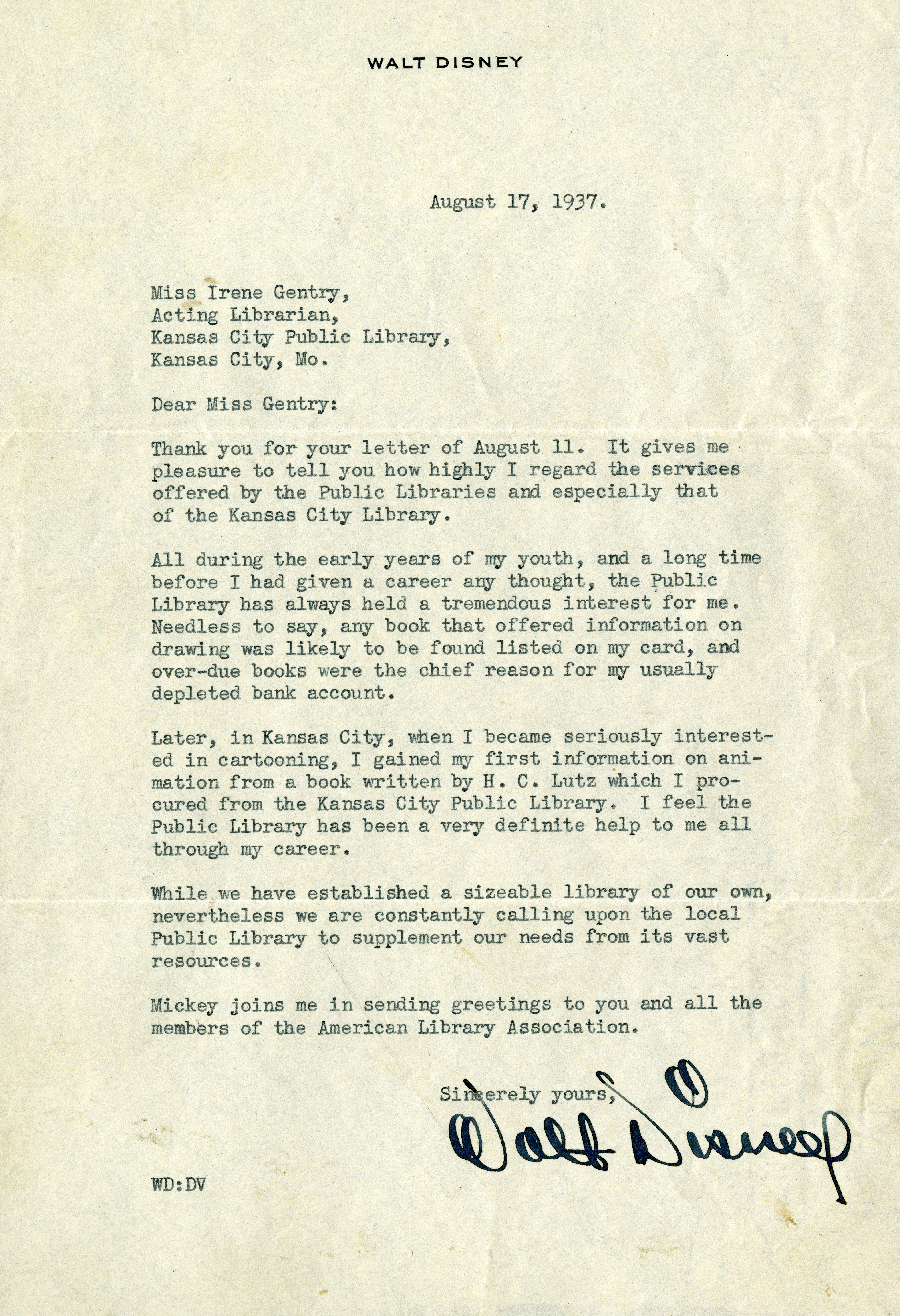 Walt Disney’s 1937 letter thanking Irene Gentry for the Kansas City Public Library’s service.