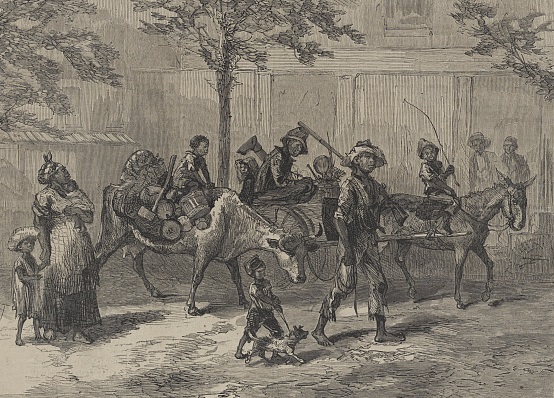 Negro Exodusters en route to Kansas, fleeing from the yellow fever, Photomural from engraving. Harpers Weekly, 1870. Historic American Building Survey Field Records, HABS FN-6, #KS -49-11 Prints and Photographs Division (106)