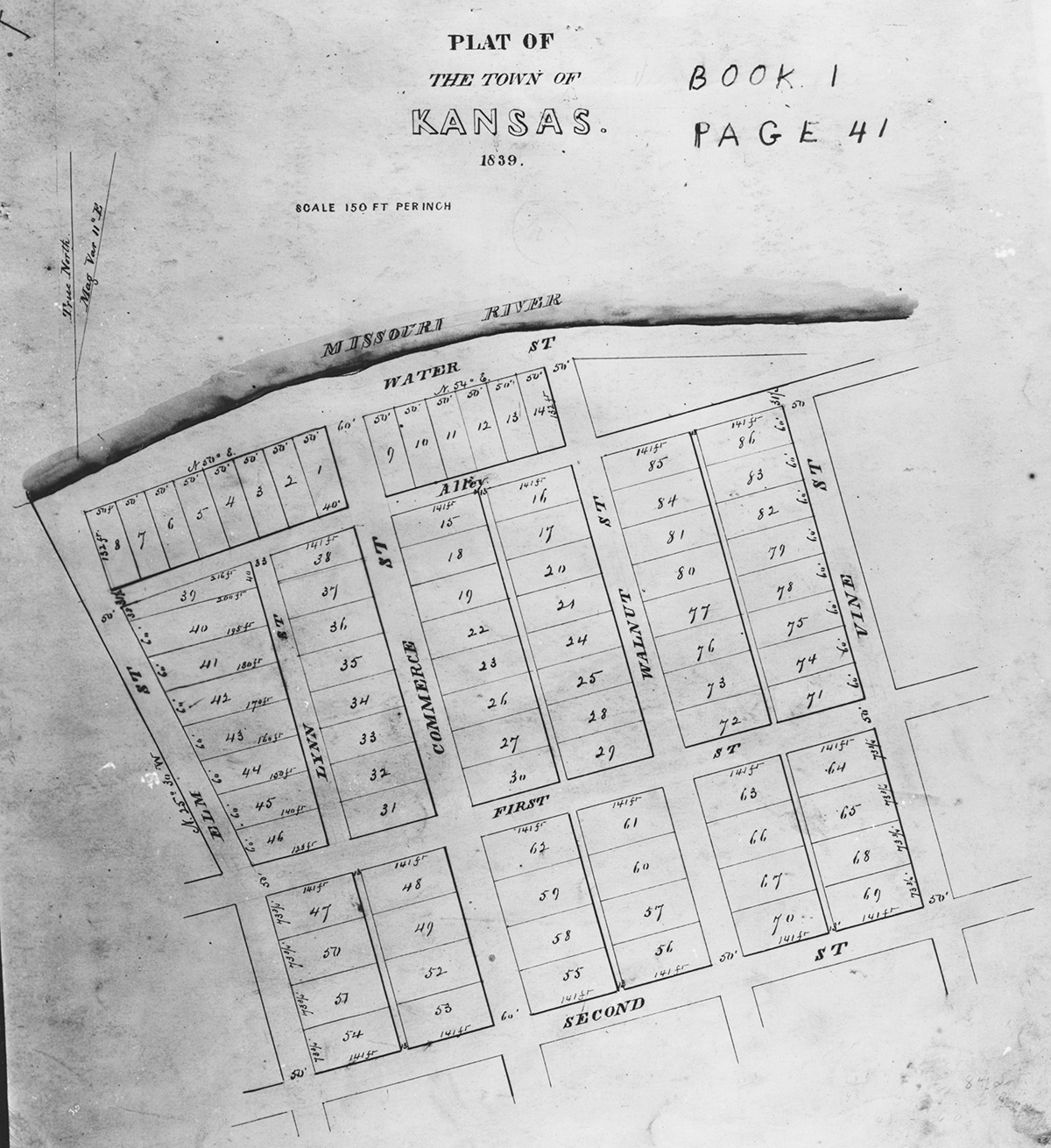 Photograph of the original plat map for the the Town of Kansas.