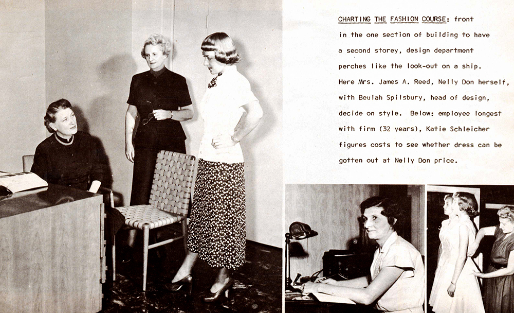 Nell Donnelly Reed required her employees to wear nothing but clothing 'made in the USA,' or they would be immediately terminated. Here, Reed inspects designs with Donnelly Garment Company employees, 1948.