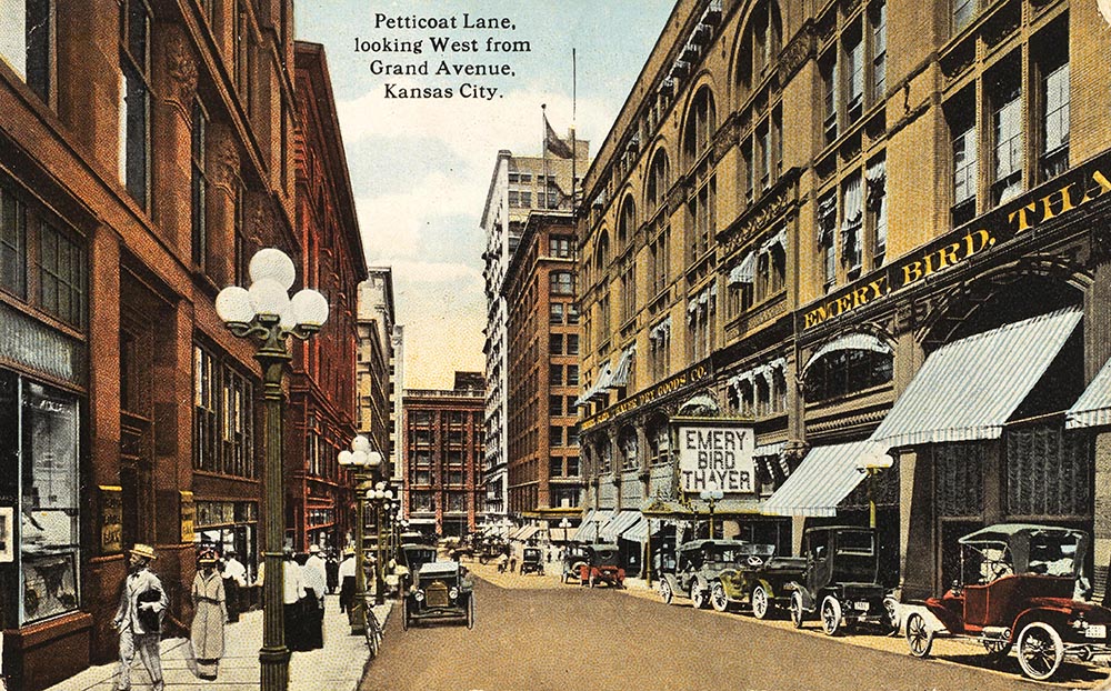 Petticoat Lane, at 11th Street between Main and Walnut streets, was a popular department store and dry goods district in downtown Kansas City that supplied many locally made clothing pieces from the Garment District.