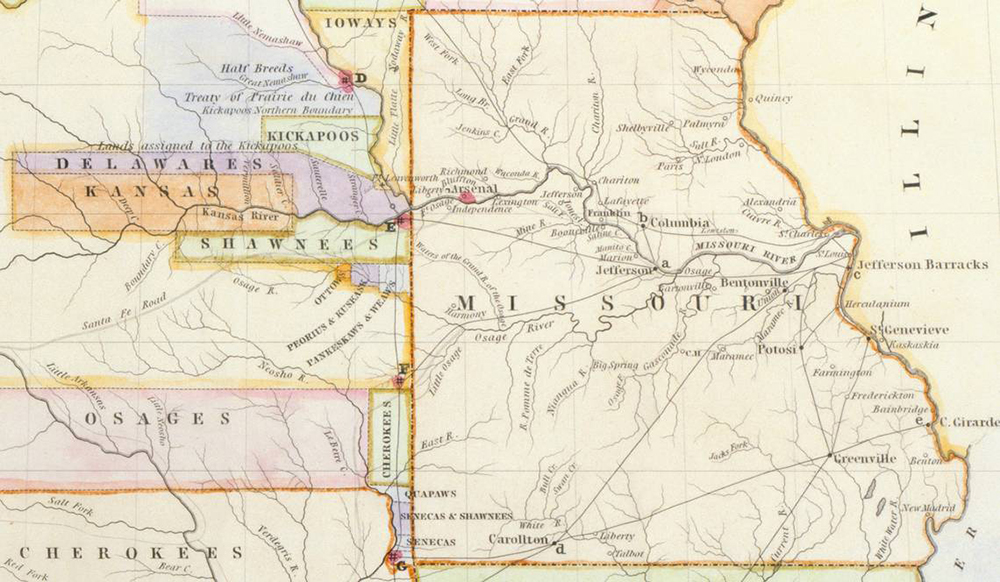 1837 map showing the Native American reservations west of the Missouri border. This area became part of the Kansas Territory in 1854.