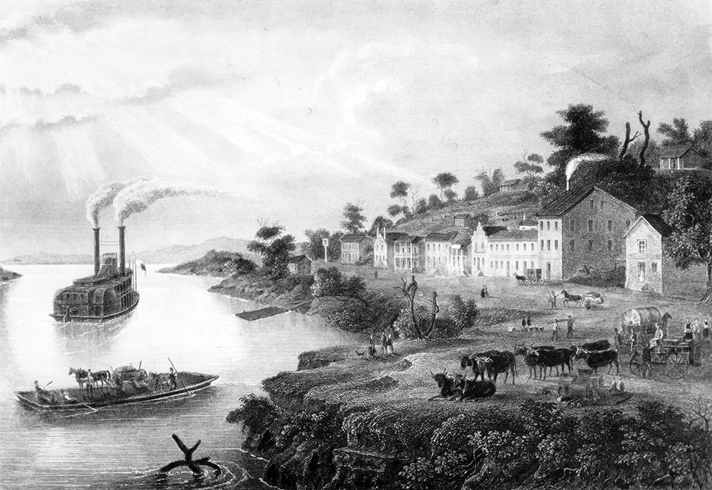 1850s drawing of Westport Landing on the south bank of the Missouri River.